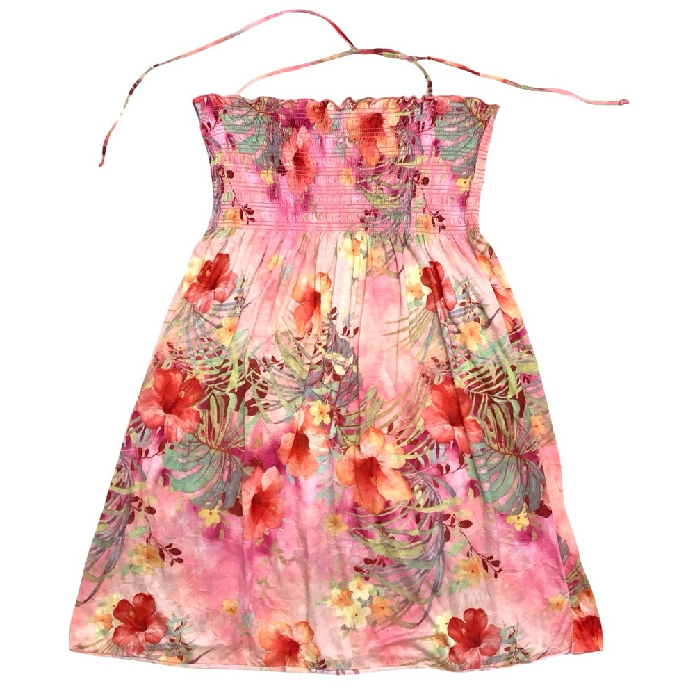 Vintage Y2K Jordan Taylor Smocked Tunic Mini Dress Hibiscus Tropical Print 00s